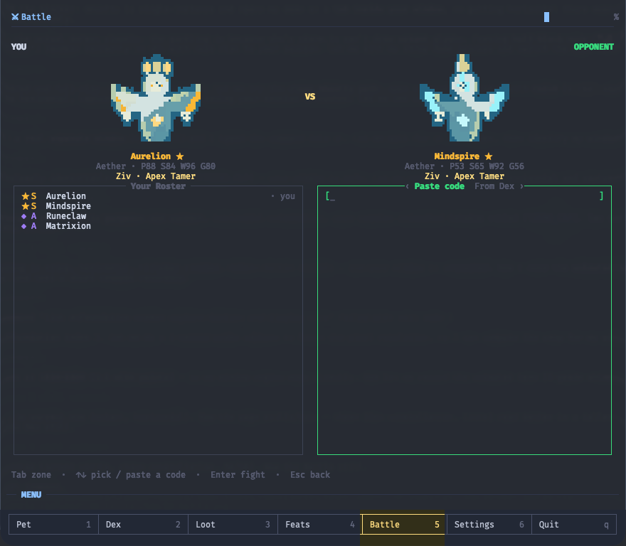 A split-pane Token Tamers battle playing out in the terminal between two creatures