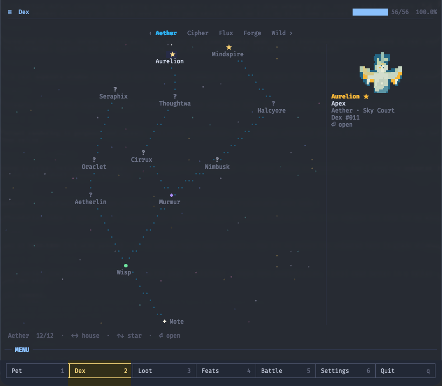 The Dex rendered as a per-House constellation of glowing stars, each a species you've raised
