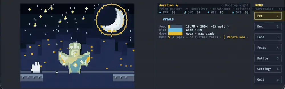 The Token Tamers shell: an S-grade creature shimmering over a rooftop-night habitat, beside its live vitals panel and the clickable menu rail