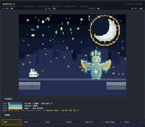 A tour of the Token Tamers shell: pet vitals, the menu rail, and page navigation